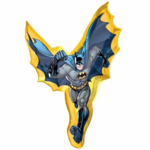 Foil balloon shaped like Batman, 69cm x 99cm, self-sealing and requires helium for inflation.