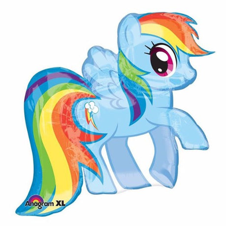 Vibrant 71cm x 68cm foil balloon featuring Rainbow Dash from My Little Pony, perfect for parties and celebrations.
