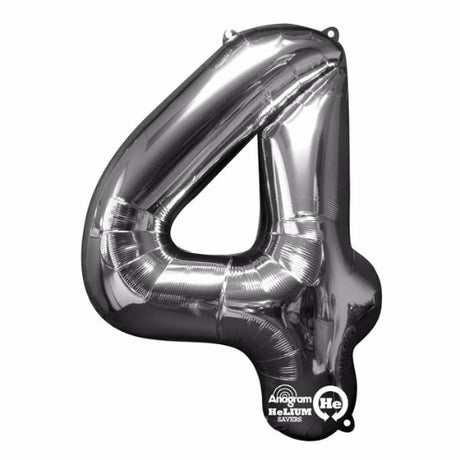 Shape Number Four Silver Helium Saver Balloon, 86cm, self-sealing, suitable for air or helium filling.