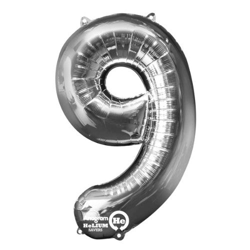 Shape Number Nine Silver foil balloon, 86cm high, perfect for celebrations, self-sealing, and helium-saving design.