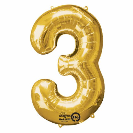Gold Shape Number Three Helium Saver balloon, 86cm high, perfect for elegant celebrations and events.
