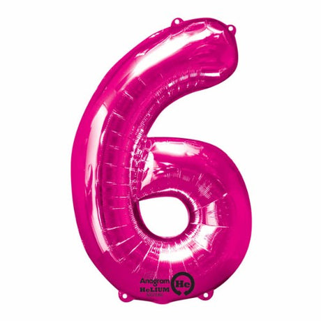 Vibrant 86cm pink Shape Number Six helium saver foil balloon, perfect for celebrations and durable enough for long-lasting use.