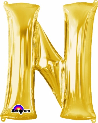 Elegant 81cm gold Letter N helium saver balloon, perfect for birthdays and celebrations, air or helium fillable.