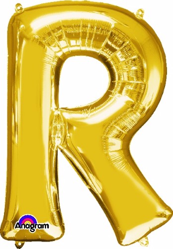 Gold Letter R balloon, 81cm, self-sealing, helium saver, perfect for elegant celebrations and party decorations.