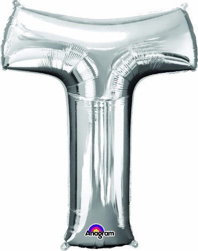 Large silver letter T balloon, 81cm, self-sealing, perfect for celebrations, can be filled with helium or air.