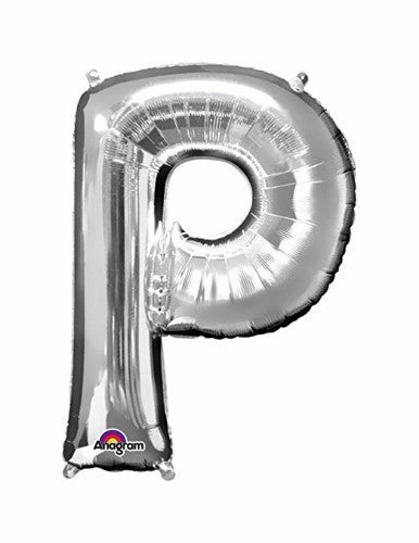 Silver Letter P Megaloon foil balloon, 40cm, self-sealing, air-filled, includes straw for easy inflation.