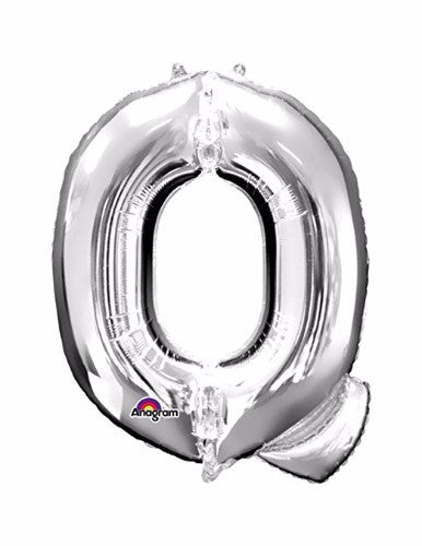Shiny silver Letter Q Megaloon foil balloon, 40cm, ideal for birthdays and celebrations, includes straw for easy inflation.