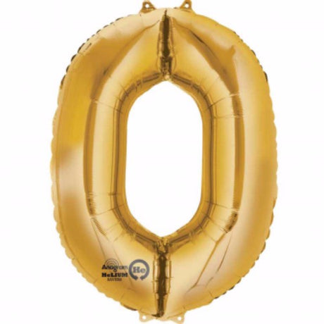 Gold Number Zero Megaloon Foil Balloon, 40cm, self-sealing, air-filled, includes straw for easy inflation.