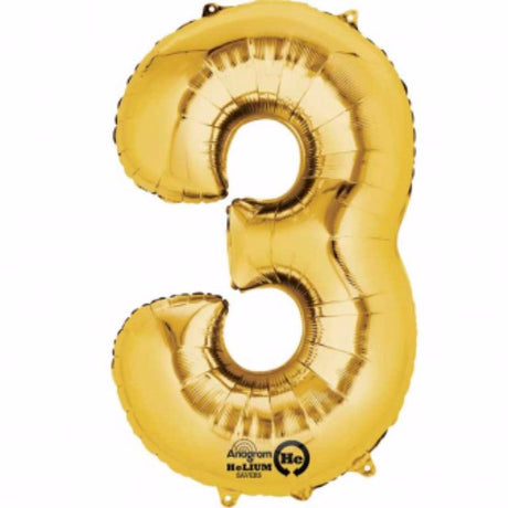 Large 40cm gold foil Number Three balloon, ideal for celebrations, featuring self-sealing design and included straw for easy inflation.