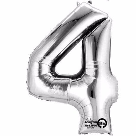 Silver Number Four Megaloon Foil Balloon, 40cm, self-sealing for air fill, includes straw for easy inflation.