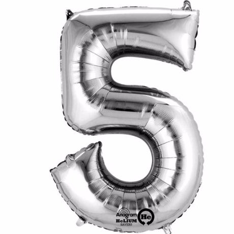 Silver number five megaloon foil balloon, 40cm, self-sealing and air-filled, includes straw for easy inflation.