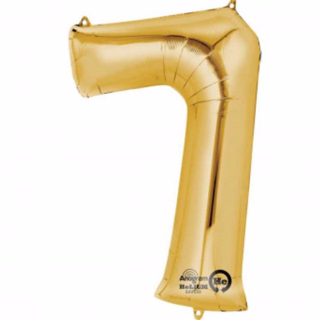 Gold Number Seven Megaloon 40cm foil balloon for air inflation, includes straw for self-inflation, packaged for easy use.