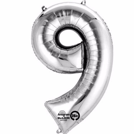 40cm silver Number Nine Megaloon foil balloon, ideal for celebrations, easy self-inflation with included straw.