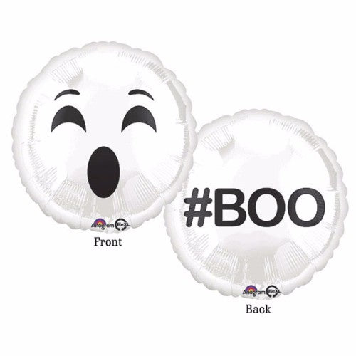 45cm Emoji Face Ghost # BOO foil balloon, cheerful ghost design for Halloween parties and celebrations.