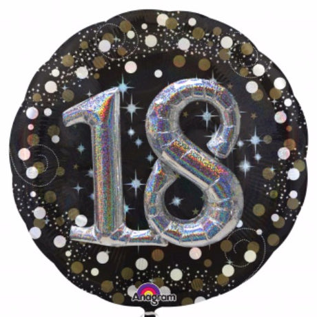 Holographic 3D Shape 18 foil balloon, 81cm, vibrant design perfect for birthdays, self-sealing, helium-required decoration.