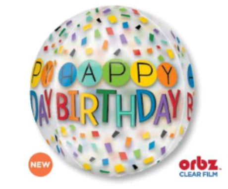 Clear Shape Orbz Balloon with vibrant rainbow confetti, perfect for birthday celebrations, measures 38cm x 40cm.