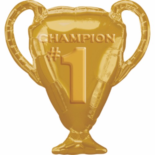 Gold champion trophy-shaped foil balloon, 63cm x 71cm, self-sealing and requires helium inflation.