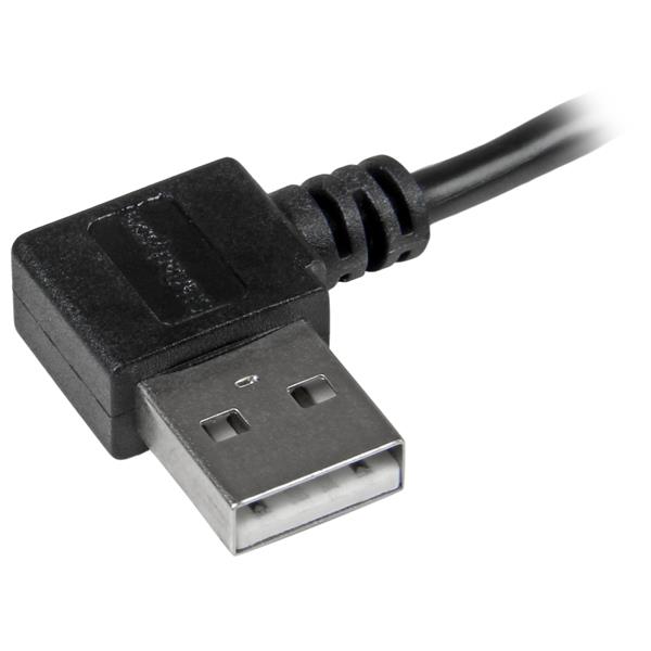 High-speed 2m Micro-USB cable with right-angled connectors for easy device charging and syncing in tight spaces.