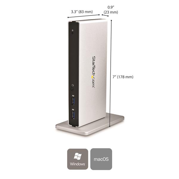 DVI Dual-Monitor Docking Station with HDMI, VGA, 5 USB 3.0 ports, supporting 2048x1152 resolution for enhanced multitasking.