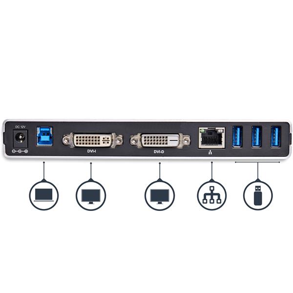 DVI Dual-Monitor Docking Station for laptops with HDMI, VGA adapters, 5 USB 3.0 ports, and 2048x1152 resolution support.