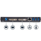 DVI Dual-Monitor Docking Station for laptops with HDMI, VGA adapters, 5 USB 3.0 ports, and 2048x1152 resolution support.