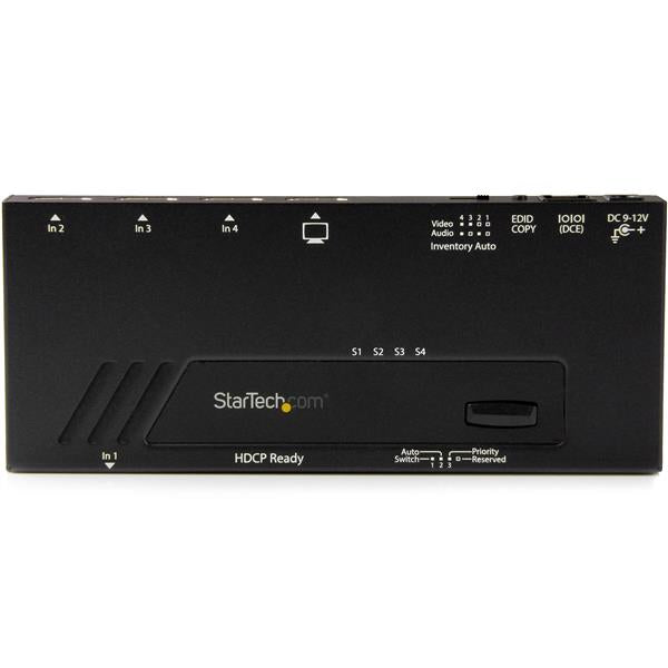 4-port 4K HDMI switch allowing seamless switching between HDMI sources with remote control and auto-sensing features.