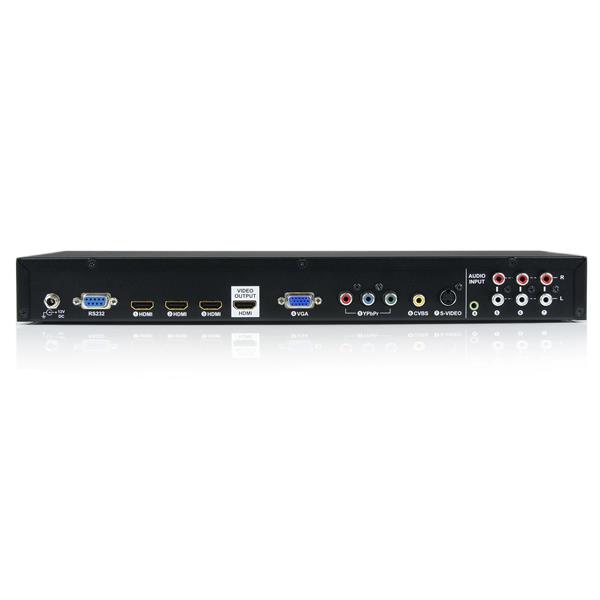 HDMI scaler switcher for multiple video inputs, supporting 1080p resolution and audio, perfect for home theater setups.