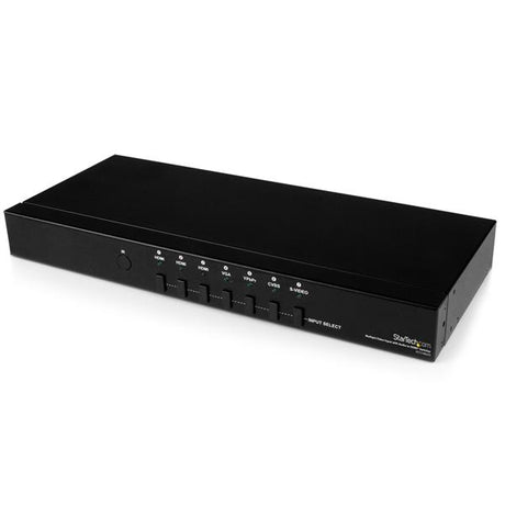 HDMI scaler switcher with multiple inputs for 1080p video and audio, remote control, ideal for home theater setups.