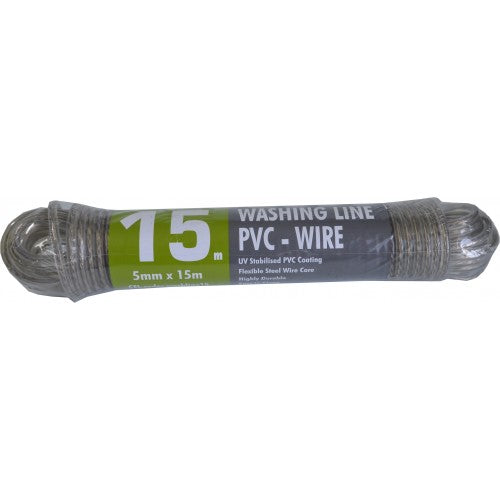 Durable PVC-coated clothesline wire, 5mm x 15m, ideal for secure laundry drying in all weather conditions.