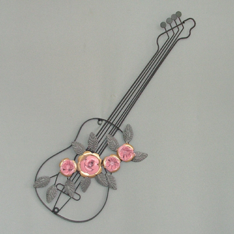 Wall Art - GUITAR W/PINK METAL FLOWERS (51cm)