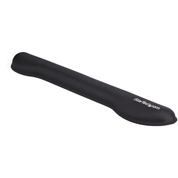 Black foam wrist rest providing ergonomic support, promoting comfort and reducing wrist strain during typing sessions.