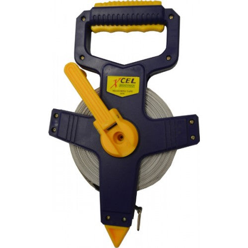 Xcel Fibreglass Tape Measure 30m in open case, lightweight, flexible, durable for precise metric measurements.