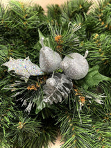 Artificial Xmas Glitter Pick w/Apple Pear & Cone Silver)