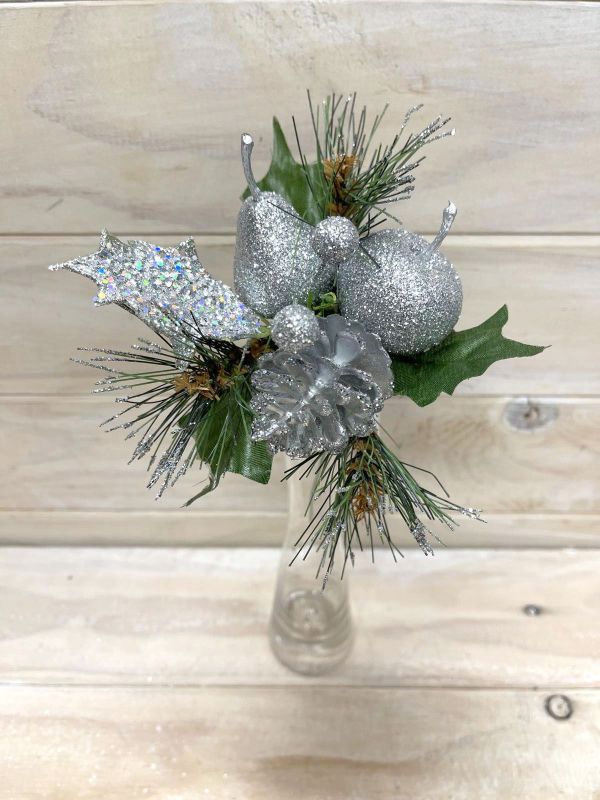 Artificial Xmas Glitter Pick w/Apple Pear & Cone Silver)