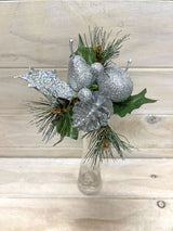 Artificial Xmas Glitter Pick w/Apple Pear & Cone Silver)