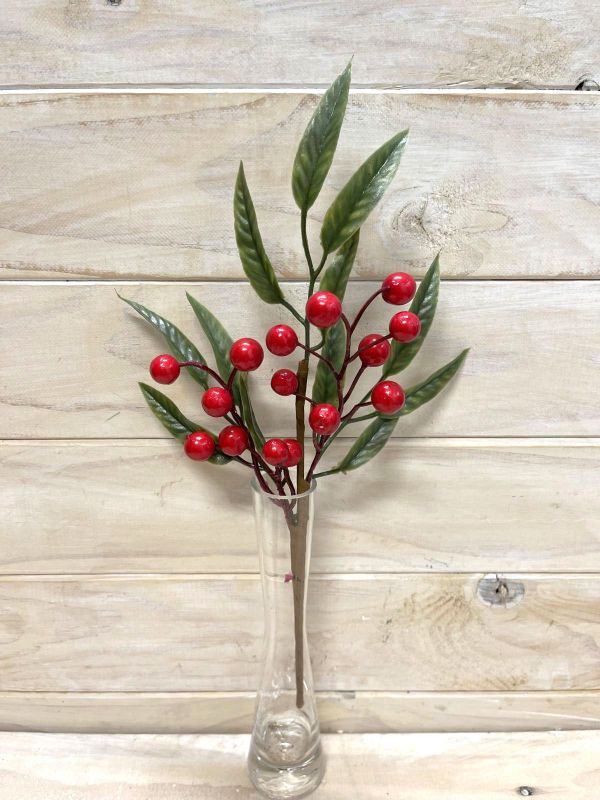 Artificial Berry Pick w/ Holly Leaf (Red)