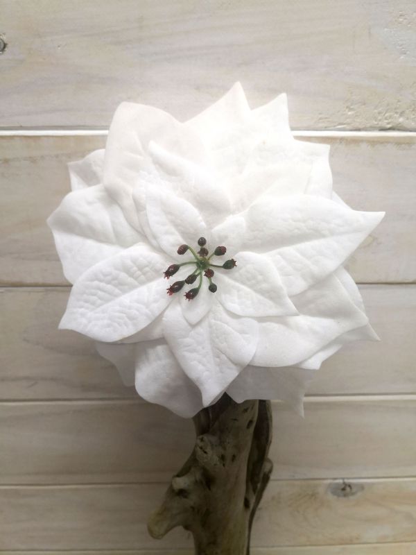 Artificial Glittered Poinsettia Head with Clip (White)