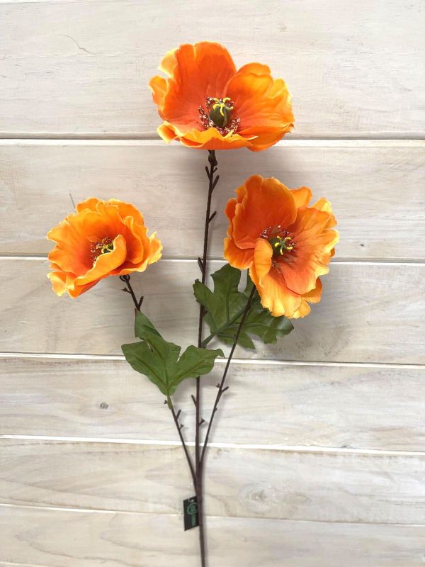 Artificial Poppy Spray - x 3 Flowers (Orange)