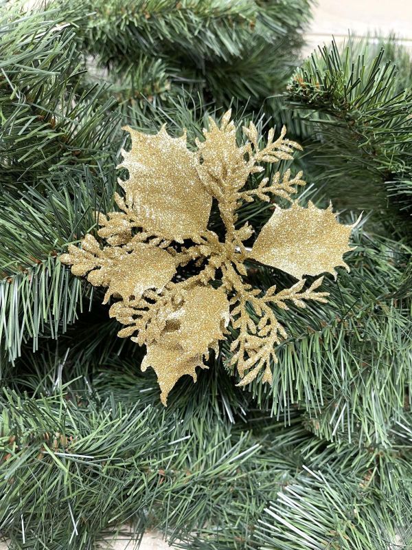 Artificial Glittered Poinsettia Pick (Gold)