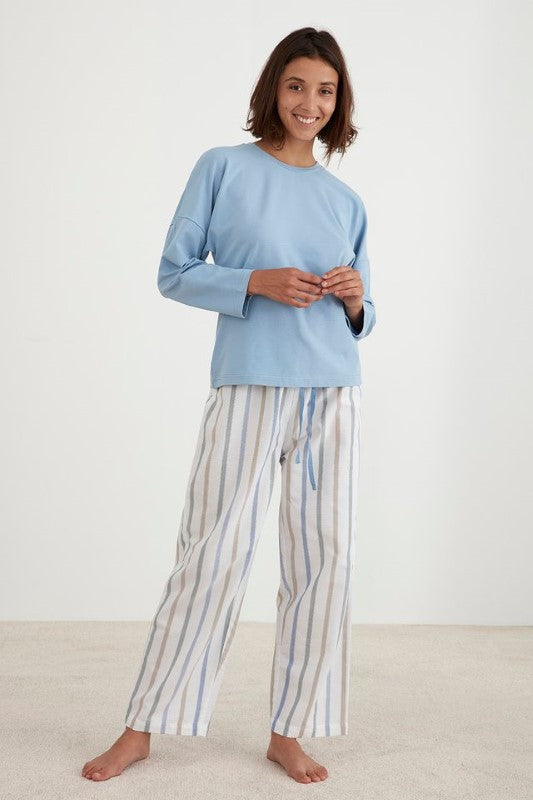 Luxury jacquard multi-colour striped cotton casual PJ set featuring long sleeves and elasticated waistband, ethically made.