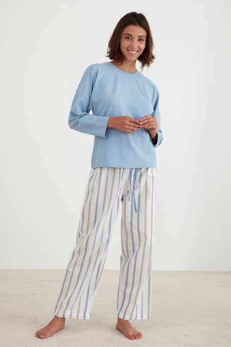 Luxury jacquard multi-colour striped cotton casual PJ set featuring long sleeves and elasticated waistband, ethically made.