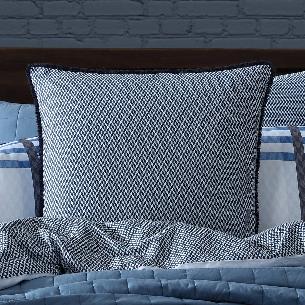 Yarmouth Blue European Pillowcase featuring fray edge trim and micro geo pattern, crafted from 100% cotton sateen.