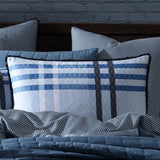 Yarmouth Blue Duvet Cover Set featuring oversized tartan design, soft cotton sateen, and fray edge trim for a stylish queen bed.