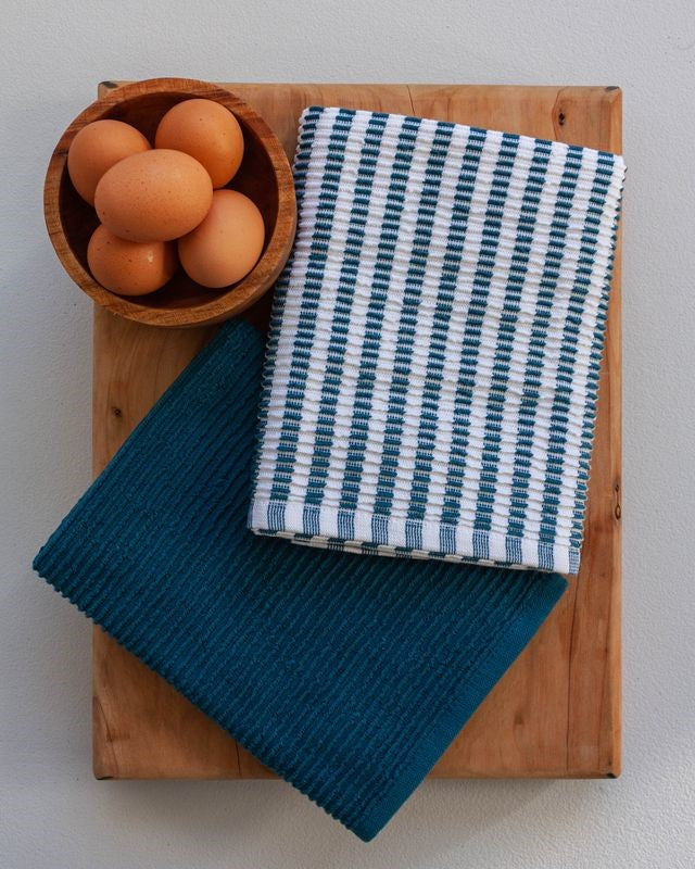 Ribbed tea towel set in Midnight, featuring absorbent cotton and textured design, enhancing kitchen style and function.