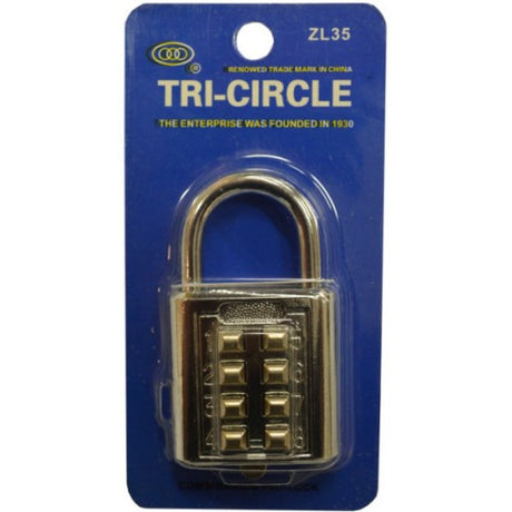 Durable 35mm Tricircle push button combination padlock with 4-digit code and keyless convenience for lockers and gates.