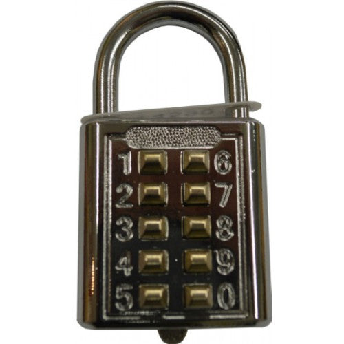 Tricircle 40mm push-button combination padlock, corrosion-resistant and keyless for enhanced security and convenience.