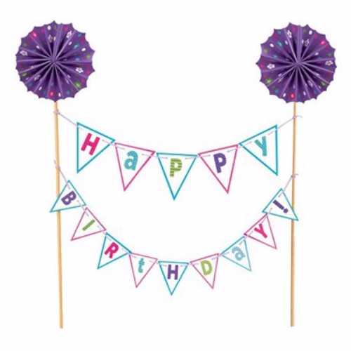 Purple birthday cake topper kit with gold accents, 22cm height, featuring strung cardboard banners and wooden picks.