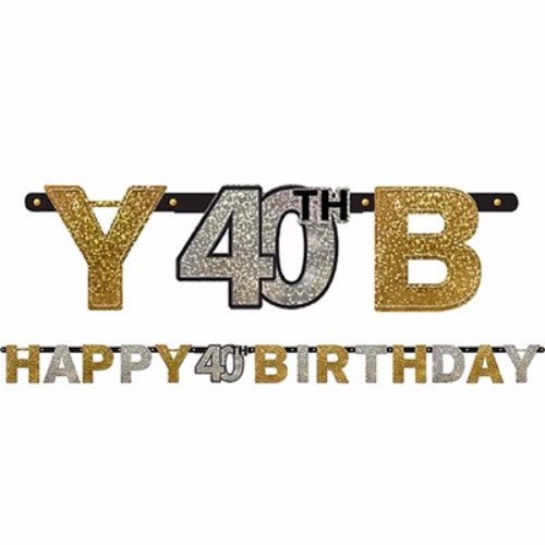 Sparkling black Happy 40th Birthday banner in holographic cardstock, measuring 2.13m long, featuring gold and silver letters.