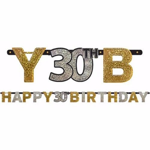 Sparkling black 30th birthday letter banner in holographic colors, 2.13m long, ideal for festive celebrations.