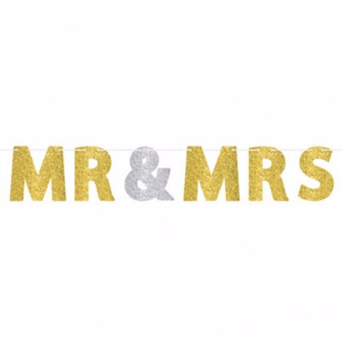 Gold and silver glittered 'Mr & Mrs' banner with 3.65m ribbon and 18cm cardboard letters.